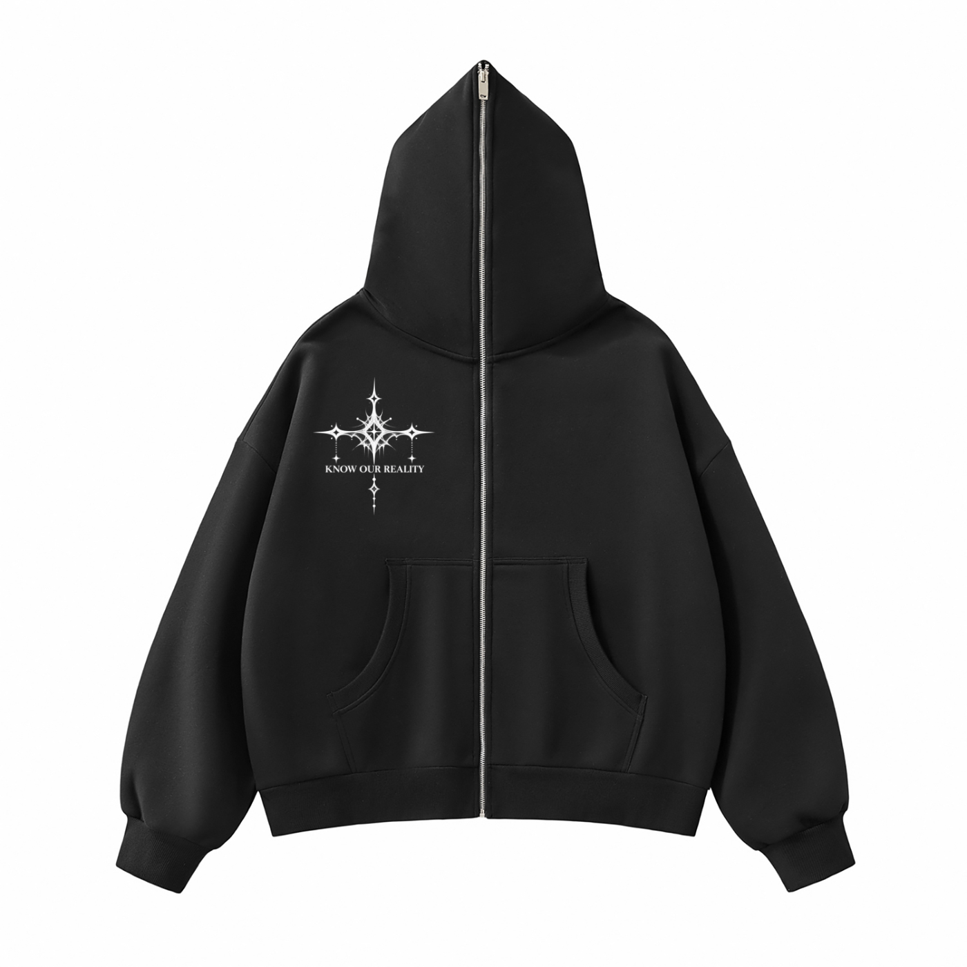 KOR 003 black zip hoodie, front