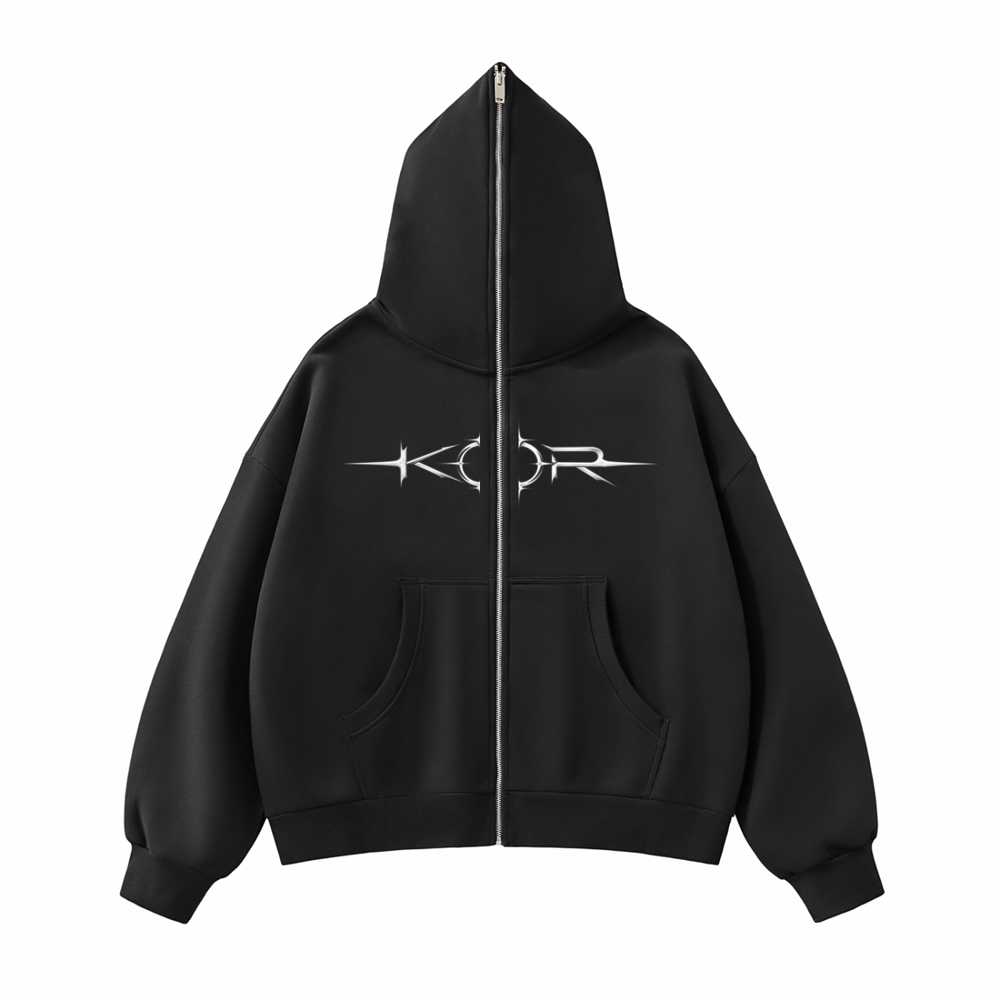 KOR 003 black zip hoodie, front